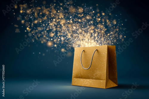 Golden shopping bag releasing shimmering golden particles into dark background gift