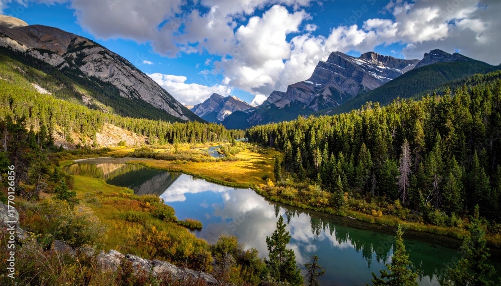 Obraz premium Mountain valley, serene lake reflection, autumn colors