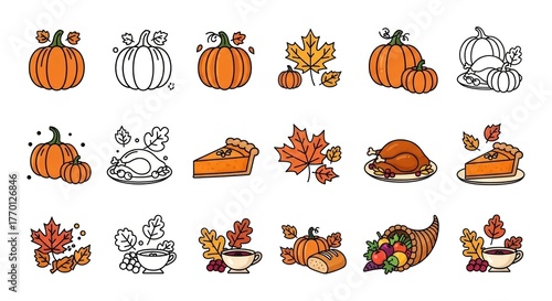 Autumn Thanksgiving Holiday Icon Set with Pumpkins, Pie, Turkey, and Leaves