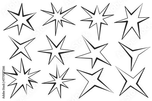 Irregular star shapes. Abstract vector random spiky sparks with geometric funky flashes with rays. Black retro sparkles on white background