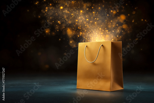 Golden shopping bag with sparkling light particles erupting from opening image