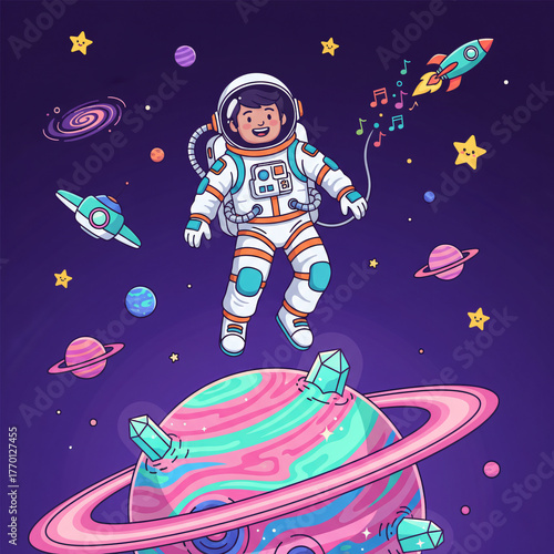 Smiling Cartoon Astronaut Floating Above a Psychedelic Pink and Teal Planet with Crystals, Surrounded by a Rocket Emitting Music Notes, UFOs, Planets, Stars, and a Galaxy on a Purple Background - Crea