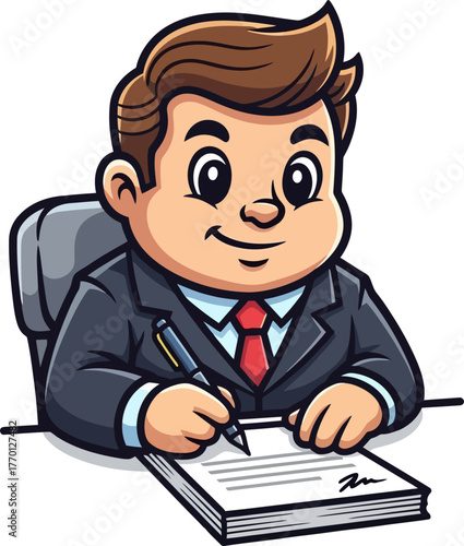 clever mascot agent seals agreements, orchestrating prosperity through meticulous document review, isolated on transparent background