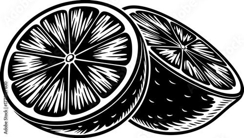 Illustration of two halved citrus fruits with detailed segments and rind in a monochrome black and white style on transparent background silhouette