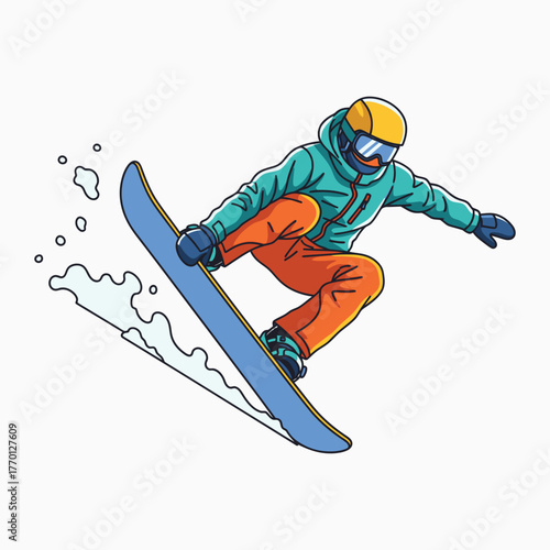 Cartoon illustration of a snowboarder in mid-air on a blue snowboard.