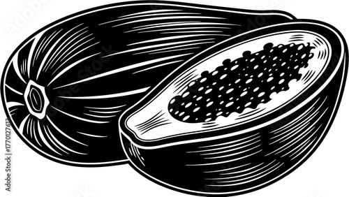 Illustration of two papayas one whole and one cut in half with seeds in black and white style on transparent background silhouette