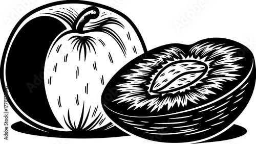Black and white woodcut style illustration shows a whole plum next to a juicy halved fruit against.