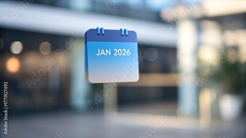 Happy New Year 2026 Wall-mounted calendar displaying January 2026 in a modern office setting.