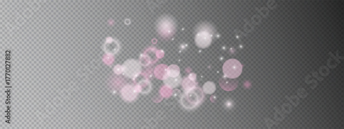 Pink abstract bokeh backhriund with soft glowing circles and particle shimmer on transparent texture. Dreamy romantic atmosphere vector pattern with elegant shine.