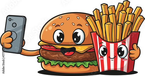 buddy burger and fries capture a happy shared digital moment, isolated on transparent background