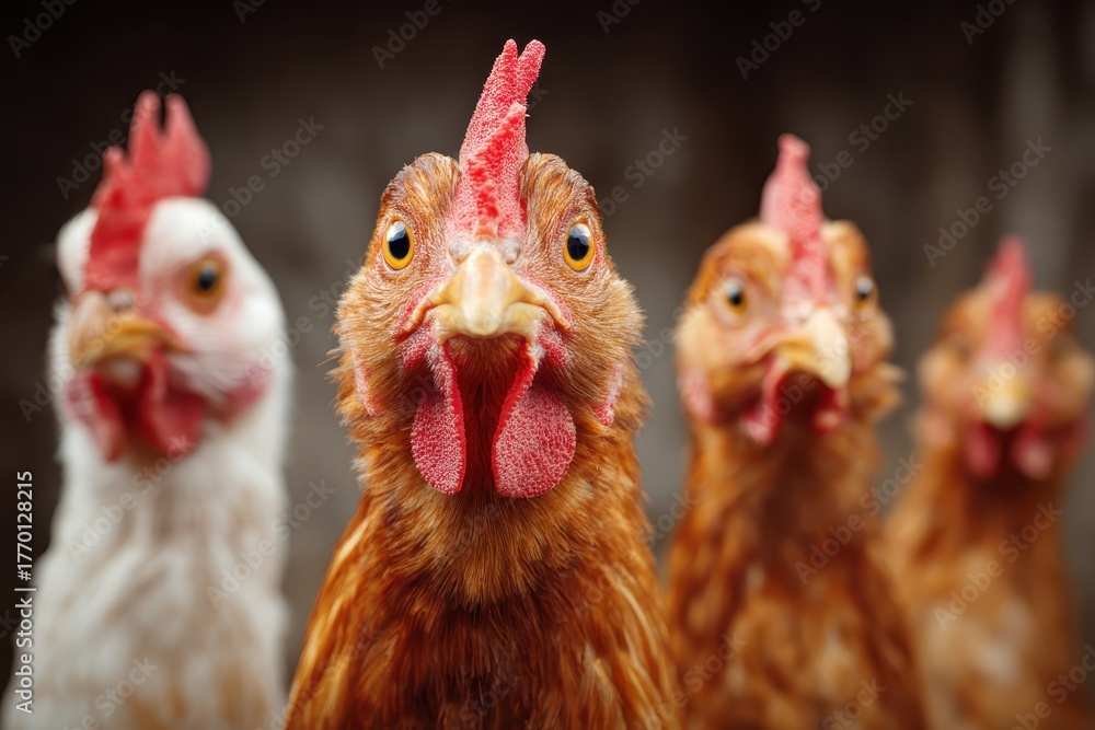 Naklejka premium Funny chickens display curious expressions in closeup portrait, showcasing their vibrant colors and unique features in a lively farm setting
