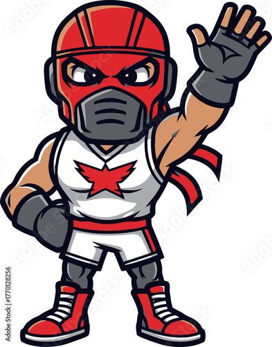 vigilant red masked protector commands attention, hand raised high, isolated on transparent background