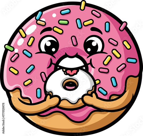 delightful pink donut mascot enthusiastically devours a tiny sugary donut hole, isolated on transparent background
