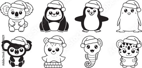 Adorable Cartoon Animals Wearing Santa Hats Collection Holiday Themed Cute Vector Set