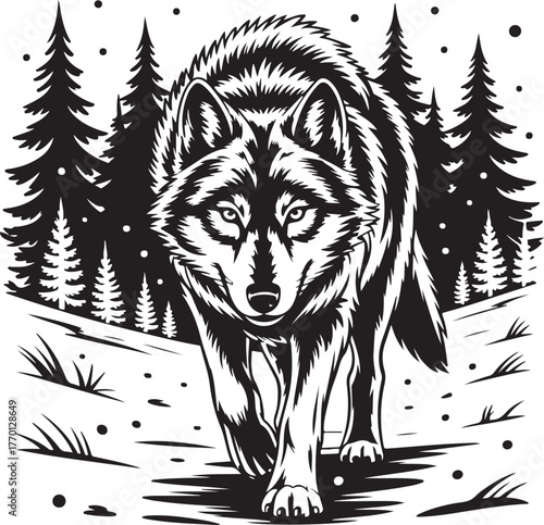Powerful Wolf Stalking Through Dense Forest Monochrome Illustration with Snowy Ground