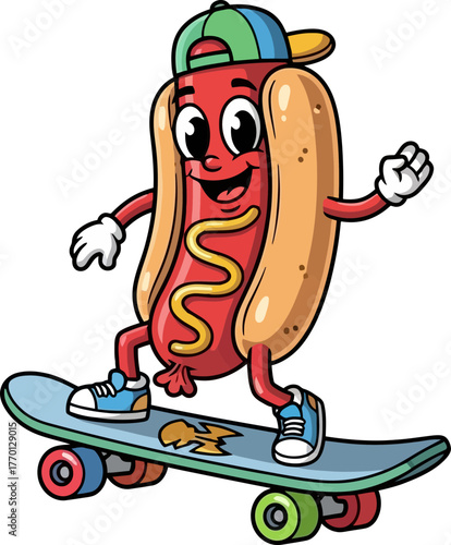 our favorite hot dog character cruises effortlessly on his skateboard, isolated on transparent background