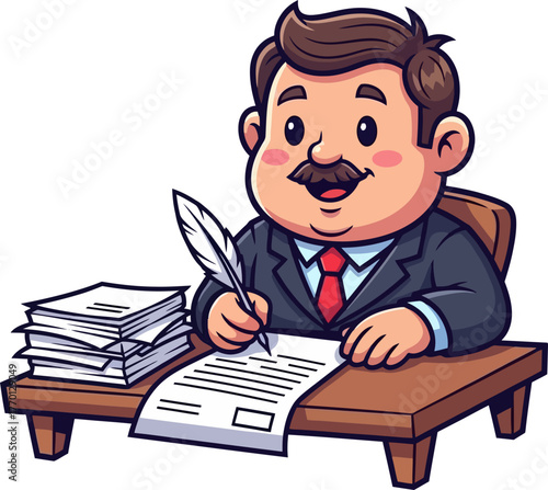 cheerful notary expertly drafts essential official documents with classic quill, isolated on transparent background