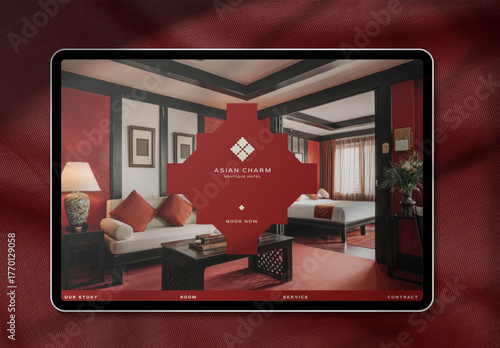 Luxurious Asian Themed Hotel Website Tablet Mockup PSD 