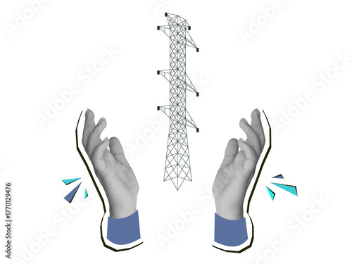 Hand holding a power line tower. Modern collage style. Illustration on a transparent background