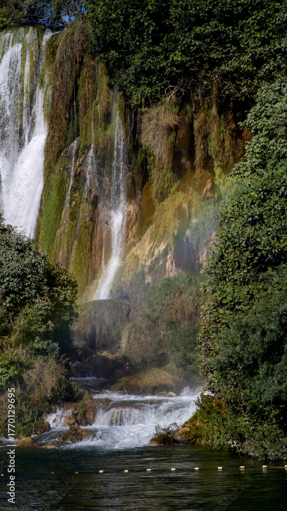 Fototapeta premium Moss-draped cascades whisper secrets of pristine realms, embracing Earth Days verdant renewal, enchanting emerald tranquility unfolds