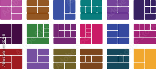 Colorful geometric bento grid layout templates A collection of trendy geometric layout templates featuring rounded corners and vibrant colors for picture collages.