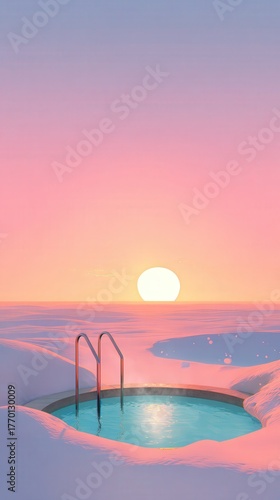 A serene hot tub surrounded by snow, reflecting the soft colors of a sunset, creating a peaceful winter escape.