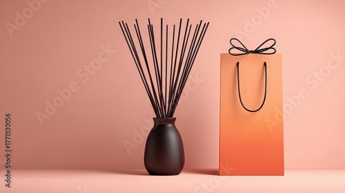 A minimalist arrangement featuring a dark vase with reed sticks beside a gradient gift bag against a soft pink backdrop.
