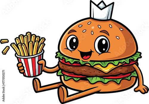 fast food royalty a happy burger offering golden delicious fries, isolated on transparent background