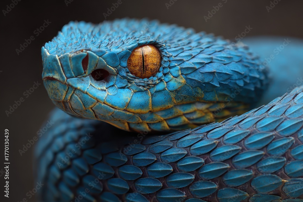 Fototapeta premium Vibrant blue insularis pit viper showcasing intricate scales and striking eyes in its natural habitat during daylight