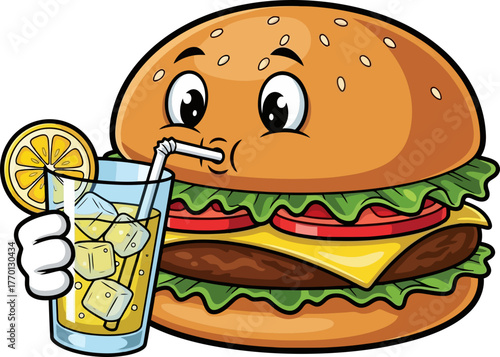classic burger finds refreshment, joyfully sipping a cool lemonade, isolated on transparent background
