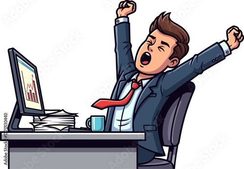 overwhelmed worker stretches, exhausted by demanding corporate grind, isolated on transparent background