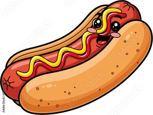 kawaii hotdog mascot radiates pure delight, an irresistibly happy savory snack, isolated on transparent background