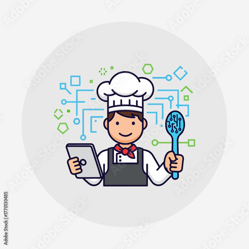 Cartoon chef with tablet and spoon surrounded by circuit board elements.