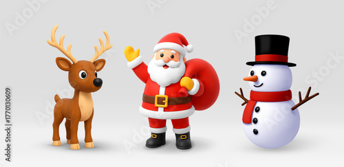 Christmas characters set including Santa Claus, reindeer, and snowman 3D charming toy illustration for Winter Holiday celebration season. Vector illustration