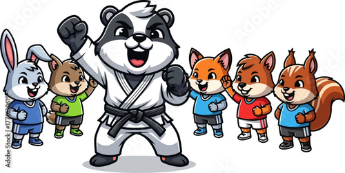 mighty badger sensei inspires joyful animal teams martial arts triumph, isolated on transparent background