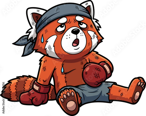 gritty red panda fighter catches breath, undefeated in spirit, isolated on transparent background