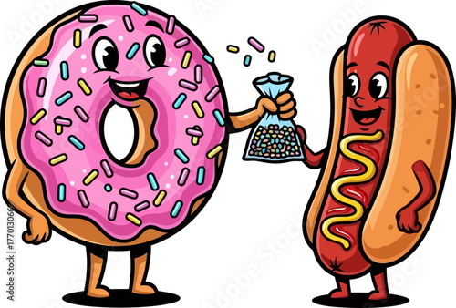 sweet donut, savory hotdog unlikely friends sharing sugary delight, isolated on transparent background