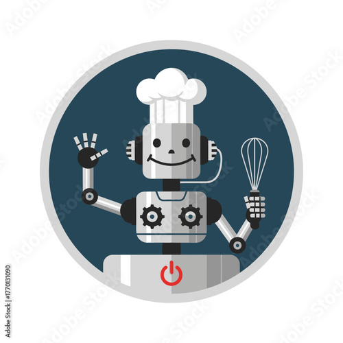 A cartoon robot chef wearing a chef's hat, holding a whisk, and waving hello, set against a dark blue circular background.