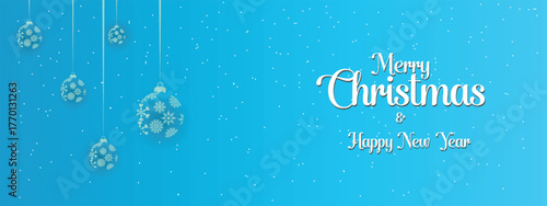 Merry Christmas and Happy New Year banner with snow and hanging snowflake ball, 25th December banner for your design, can be used in invitation, greetings, promotion of new year and Christmas