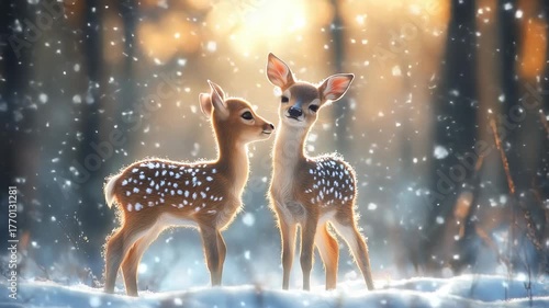 Two baby deer standing in snowy forest with warm sunlight and gentle winter atmosphere