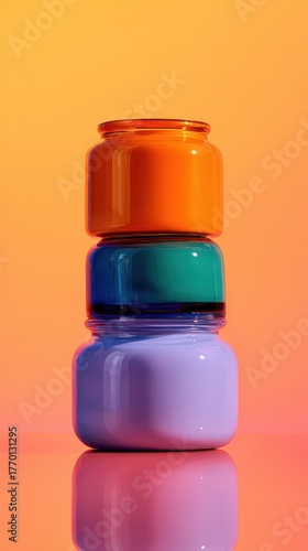 A stack of colorful glass jars against a vibrant gradient background, creating a striking visual contrast and a modern aesthetic.