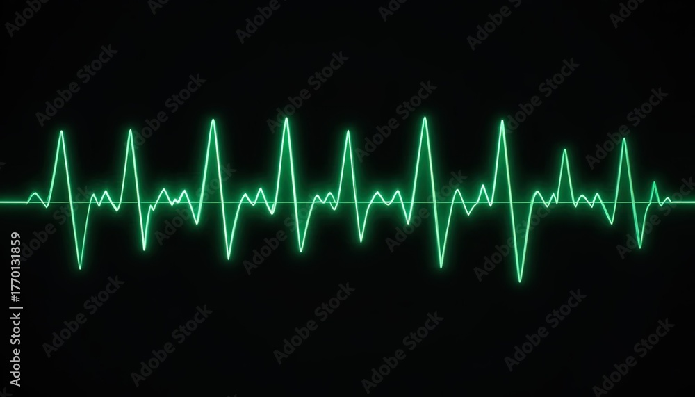 Obraz premium Vibrant green electrocardiogram tracing vital signs against stark black background, conveying health, monitoring, and scientific progress in medical field