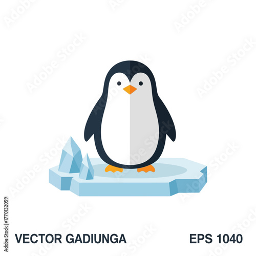 Cartoon penguin standing on an ice floe with ice crystals.