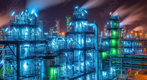 Nighttime factory complex with glowing lights showcasing industrial production