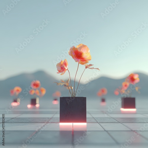 A serene, modern landscape featuring glowing flower arrangements in sleek black pots against a tranquil backdrop of mountains.