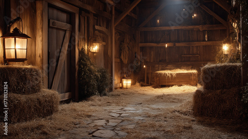 Rustic village stable lit by lanterns with hay scattered on the floor and glowing aura from manger, christmas and faith concept