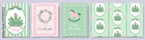  Pastel Christmas cards and seamless pattern with, pine branches, bows, wreaths and vintage rocking horse in soft green and pink, in coquette style. Hand draw for holiday greeting cards, packaging