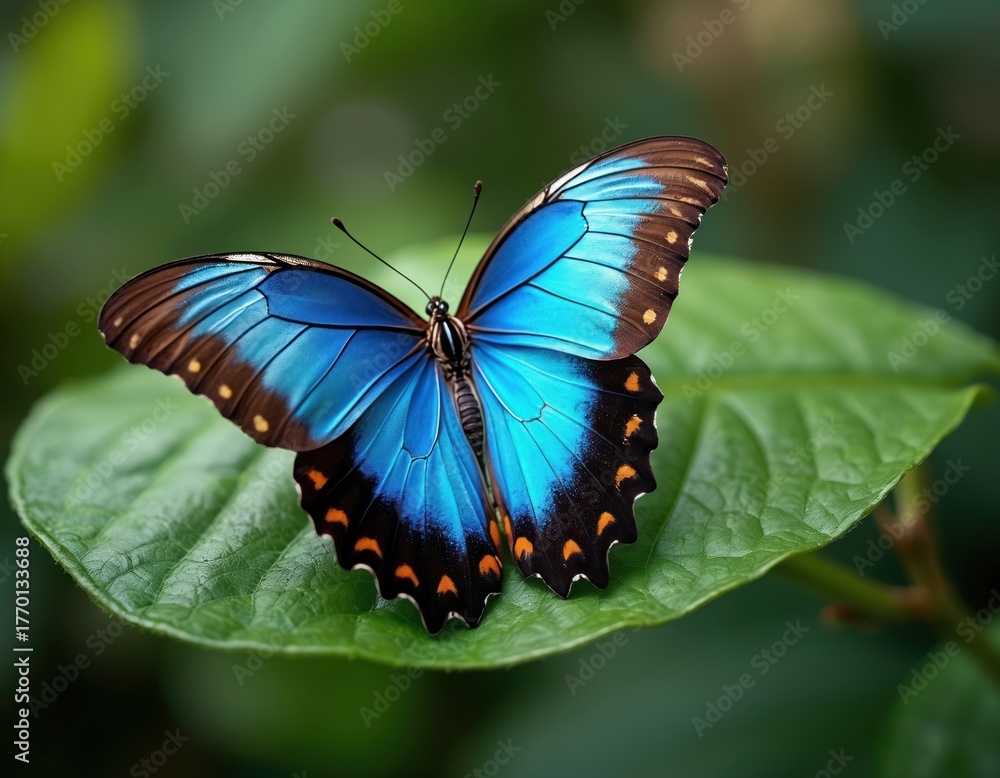 Obraz premium Close view on blue butterfly resting on large green leaf. Colorful wings show vibrant color pattern. Tropical insect, nature scene, macro view. Winged morpho animal at wildlife habitat in rain forest.