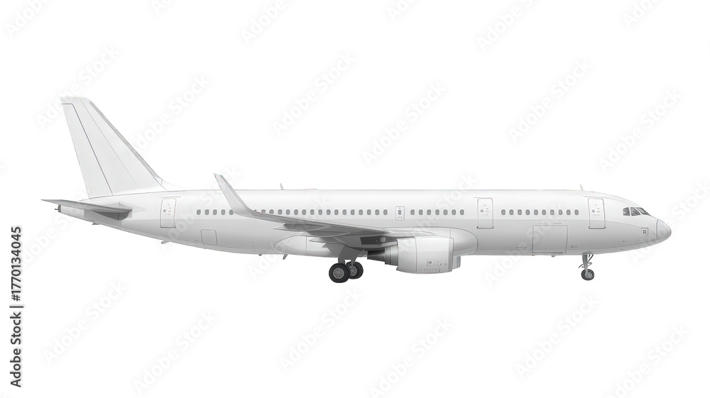 Obraz premium Sleek white passenger airplane side view isolated for aviation transport concepts