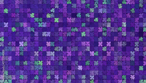 Seamless pattern design background of green four-leaf clovers on a purple background
